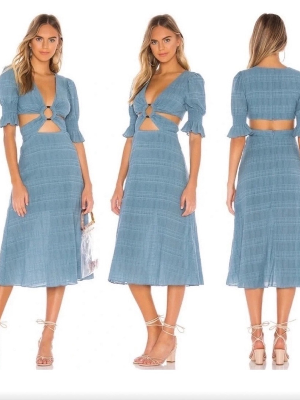 Tularosa Blue Cutout Midi Nanette Dress with Puff Sleeves